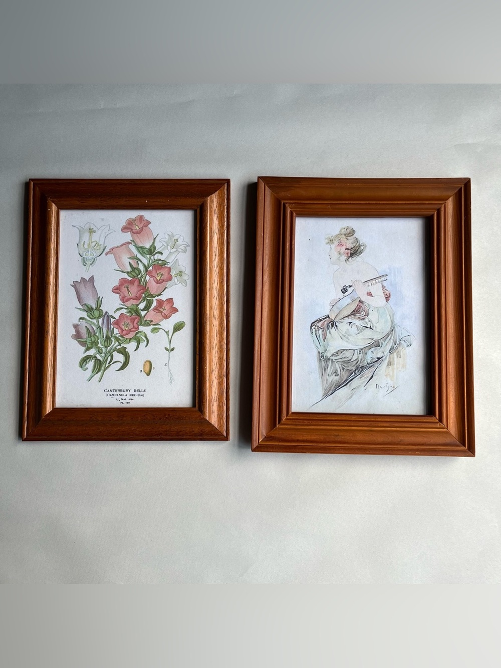 Vintage Honey Tone Wood Picture Photo Frames w/ Fine Art Prints-Set of 2